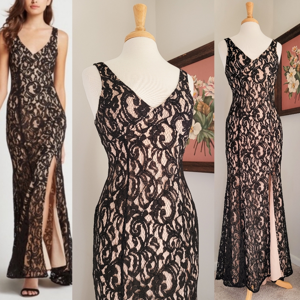 BCBGeneration Black Floral Lace Formal Evening Cocktail Wear Maxi Gown / Dress
